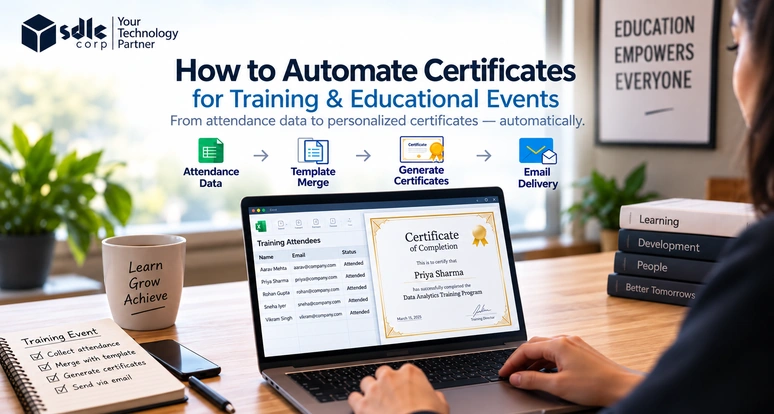 Automated certificate workflow for training and educational events showing attendance data, template merging, certificate generation, and email delivery on a laptop in a modern office setting