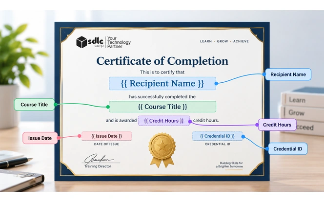 Certificate template layout with variable fields for recipient name, course title, credit hours, issue date and credential ID
