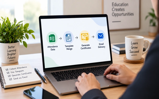 Automated certificate workflow for training and educational events showing attendance data, template merge and email delivery