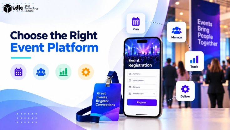 Event registration and management platform with mobile registration form, planning, attendee management, tracking, and event delivery icons.
