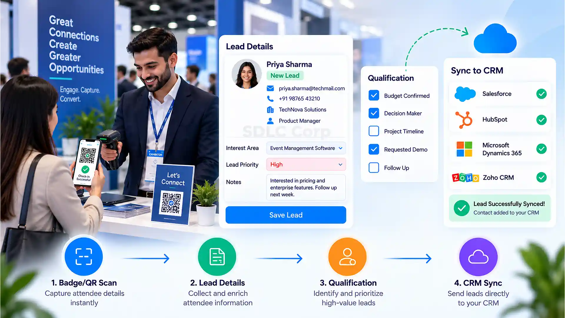 Exhibitor lead capture workflow showing badge scan, qualification and CRM sync
