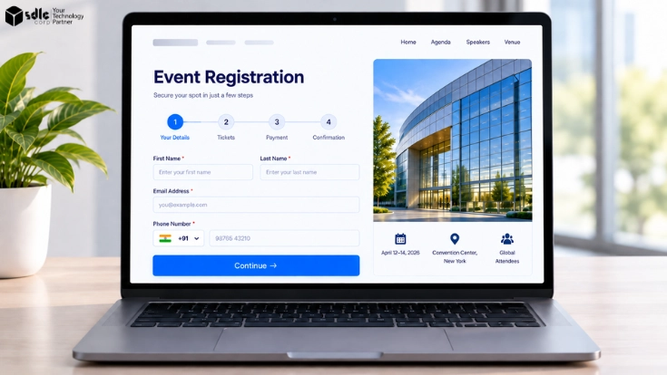 Event registration workflow showing attendee registration, eligibility checks, approvals, payment, confirmation, and waitlist management