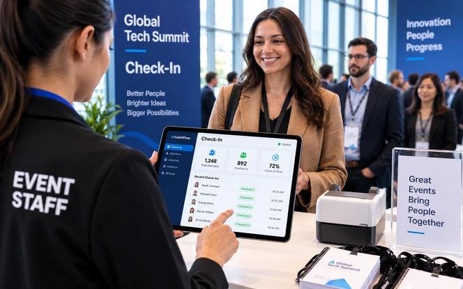 Event staff tracking live check-in and attendance analytics on a tablet at a conference entrance