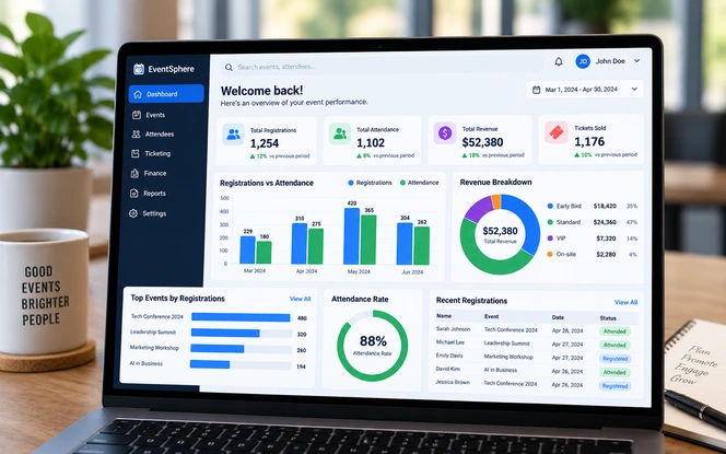 Event reporting and analytics dashboard showing registration, attendance and financial performance data