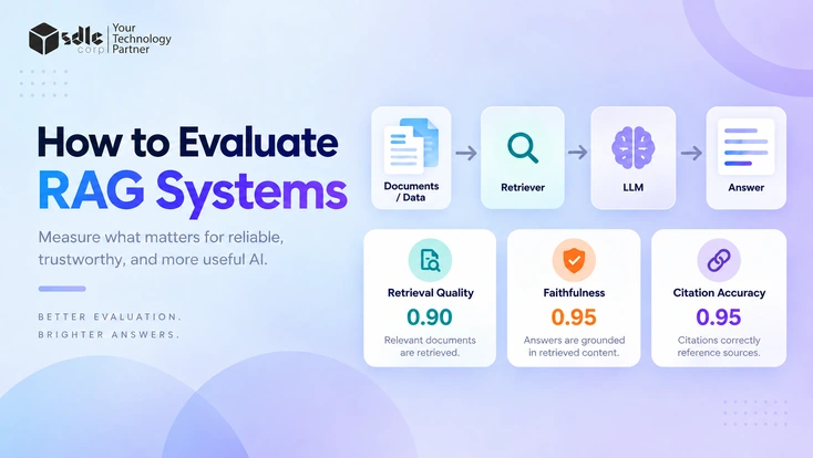 RAG system evaluation dashboard showing retrieval quality, groundedness, faithfulness, answer relevance, score trends, and evaluation