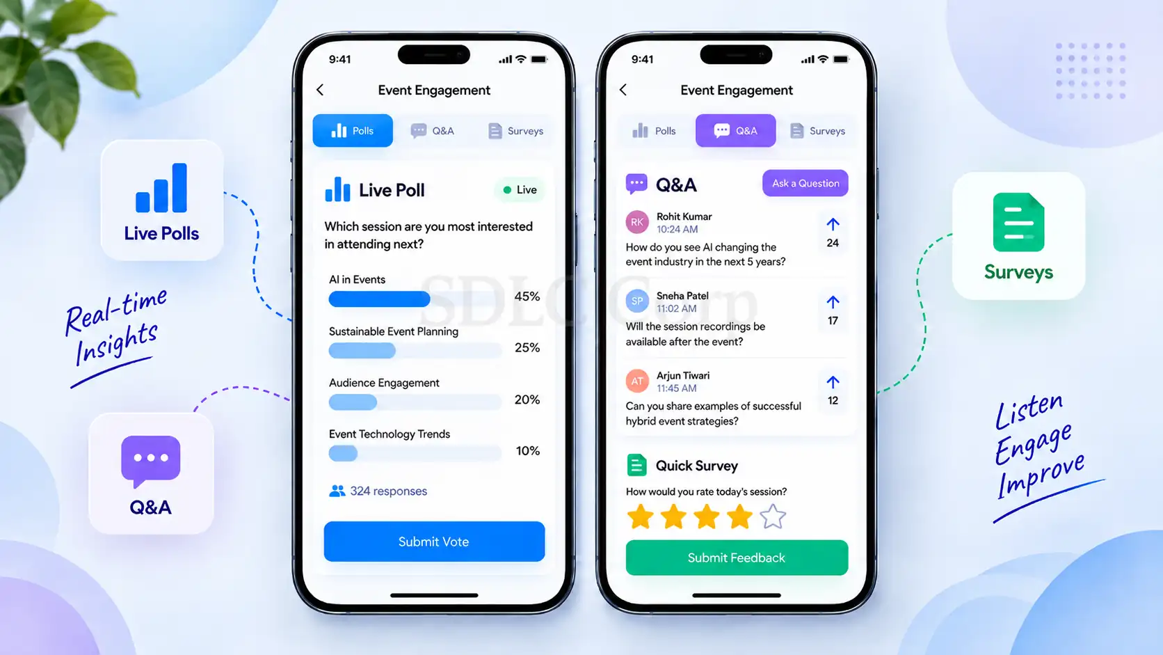 Event engagement app showing live polls, Q&A and surveys