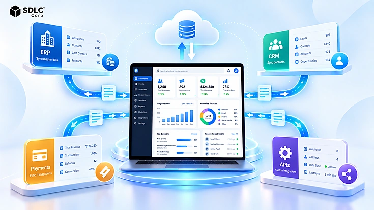 Event management system integration connecting event registration with CRM, ERP and payment systems