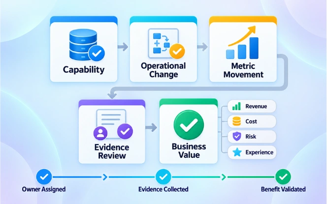 Modernization KPI stack covering adoption reliability cycle time and business value