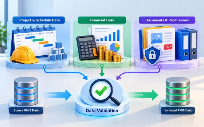 Finance and PMO teams reconciling migrated project and cost data in a new PMIS