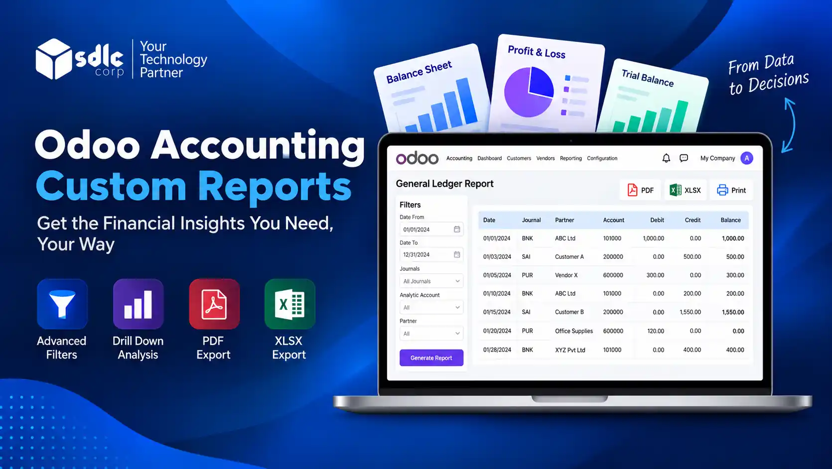 Odoo Accounting Custom Reports dashboard with General Ledger, PDF and XLSX export, advanced filters, and financial reporting features