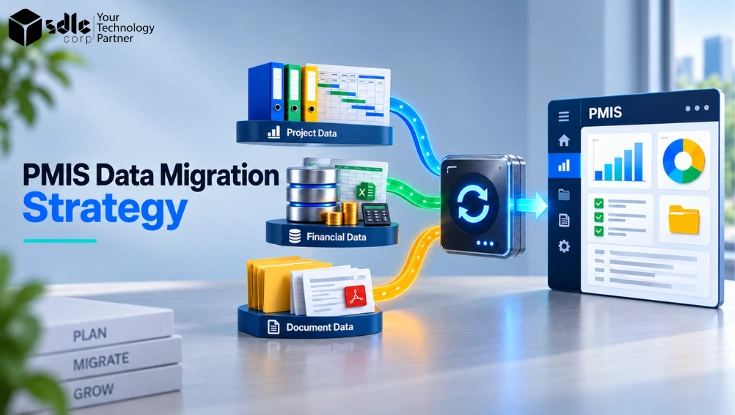 PMIS data migration strategy showing project, financial, and document data flowing into a centralized PMIS platform.