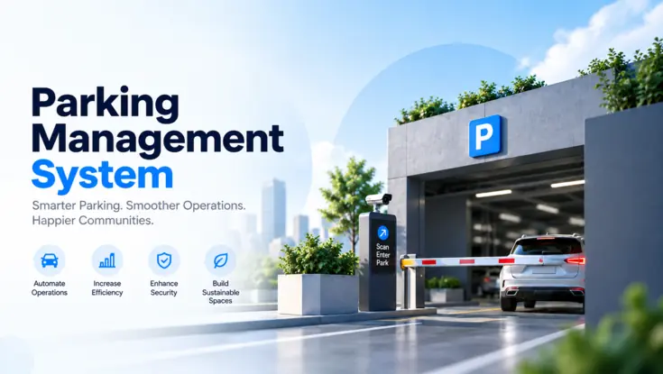 Smart parking management system with an automated entry barrier, security camera, and vehicle entering a modern parking facility.