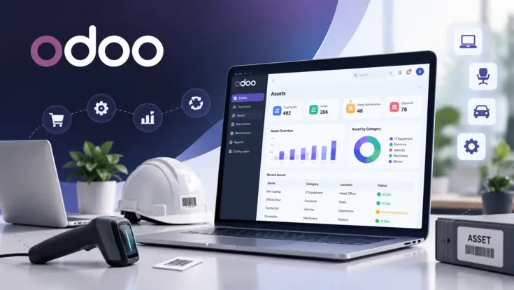 Odoo asset management dashboard displayed on a laptop with barcode scanner, safety helmet, and business asset icons