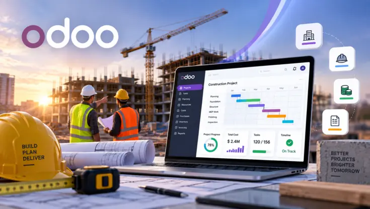 Odoo construction project management dashboard displayed on a laptop at an active building site with engineers, blueprints, and safety equipment.