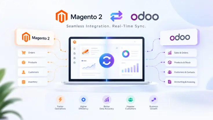 Magento 2 and Odoo integration showing real-time synchronization of orders, products, customers, inventory, sales, and accounting data.