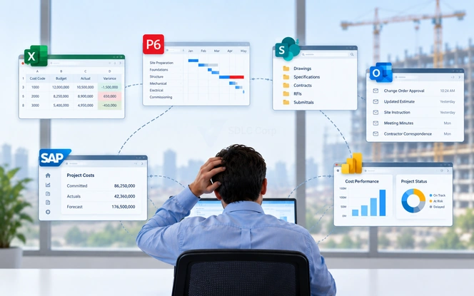 Traditional capital project tool stack with disconnected specialist systems