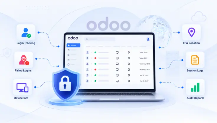 Odoo login tracking dashboard showing failed logins, device information, IP location, session logs, and security audit reports.