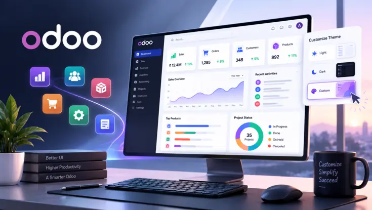 Customizable Odoo dashboard with light, dark, and custom themes displaying sales, orders, customers, products, and project analytics.