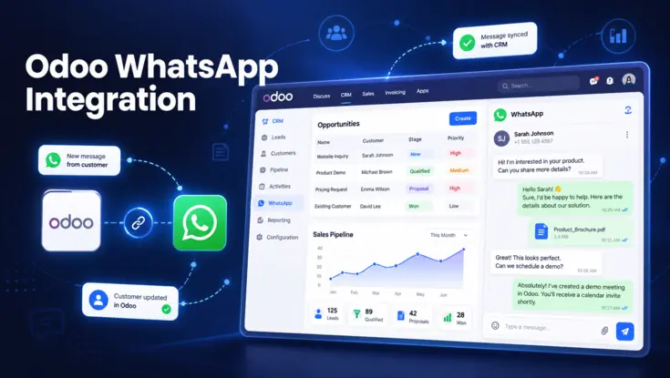 Odoo WhatsApp integration dashboard syncing customer messages, CRM opportunities, contacts, documents, and sales pipeline updates.