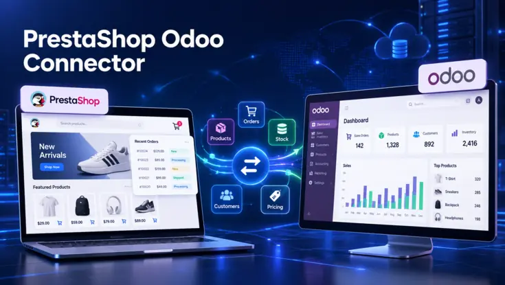 PrestaShop Odoo connector synchronizing orders, products, stock, customers, and pricing data between both platforms.