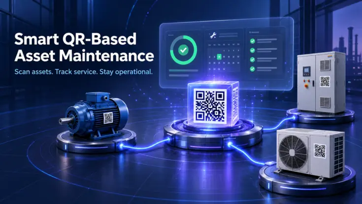 Smart QR-based asset maintenance system connecting industrial equipment to a digital service tracking and maintenance dashboard.