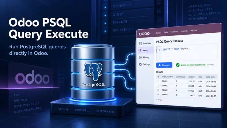 Odoo PSQL Query Execute interface connected to a PostgreSQL database for running queries and viewing results directly in Odoo.