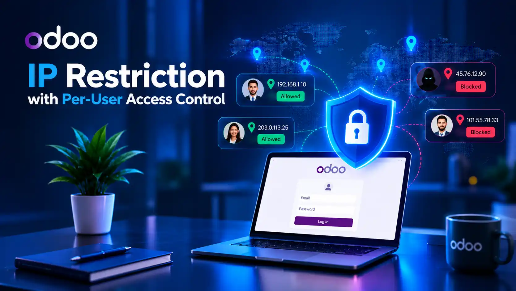 Odoo IP Restriction with Per-User Access Control dashboard showing IP whitelisting, secure login, blocked IP monitoring, and location-based access security.