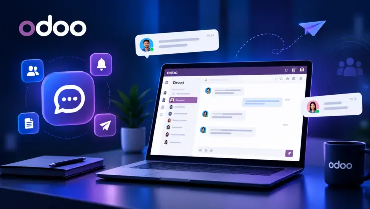 Odoo Discuss messaging interface on a laptop showing real-time team conversations, notifications, contacts, and document sharing.