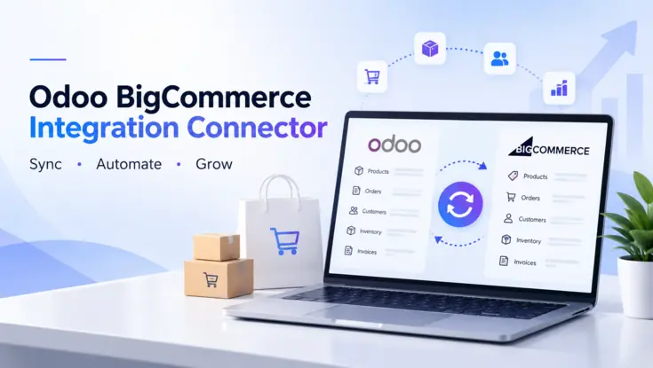 Odoo BigCommerce integration connector synchronizing products, orders, customers, inventory, and invoices between both platforms.