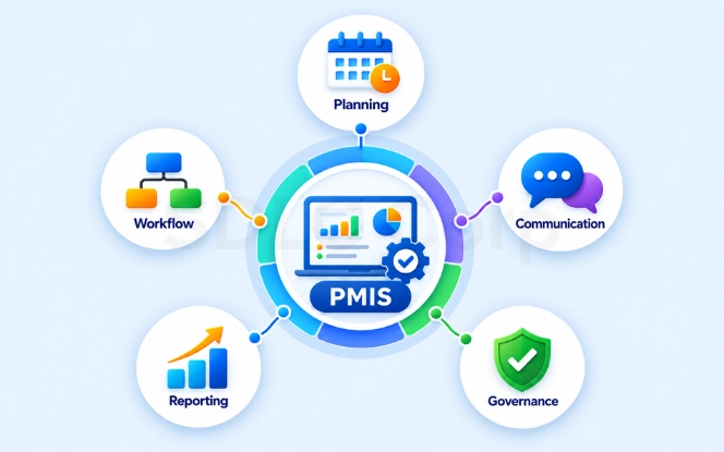 PMIS roles and responsibilities mapped across project, finance, and administration teams