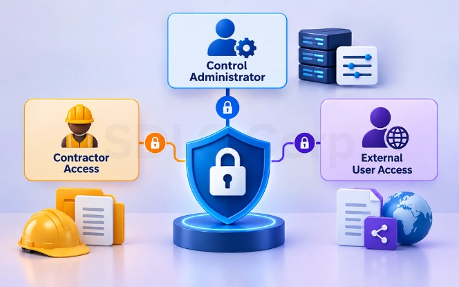 Contractor and administrator accounts limited to a defined project scope inside a PMIS