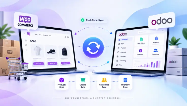 WooCommerce and Odoo integration providing real-time synchronization of products, orders, customers, and inventory.