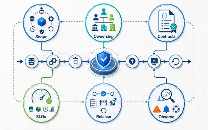 Core components of a DataOps operating model: scope, ownership, contracts, SLOs, release controls and observability
