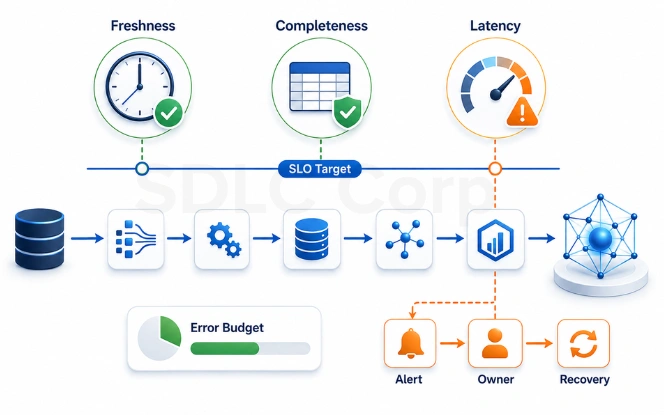 Data SLO framework for freshness, completeness and latency with owners and escalation paths