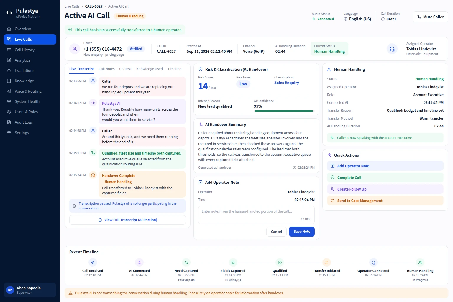 Active AI Call Pulastya Active AI Call screen for a qualified inbound sales lead, showing the captured fleet size and timeline, the qualification outcome, the handover summary and the account executive now handling the call.