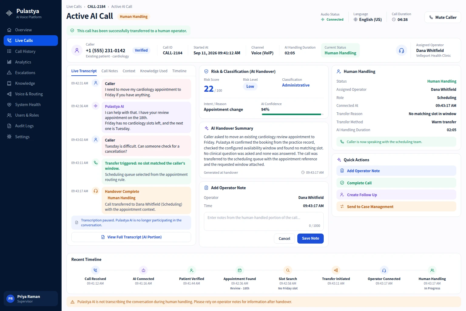 Active AI Call Pulastya Active AI Call screen for a healthcare appointment change, showing caller context, a low administrative risk score, the handover summary and the scheduling operator now handling the call.