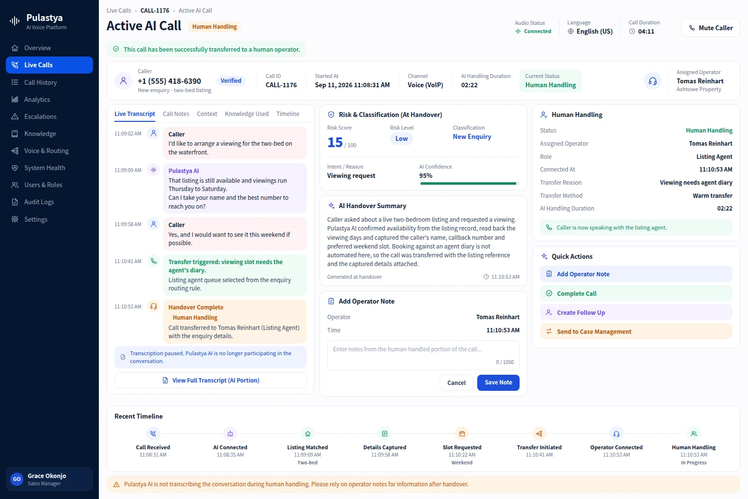 Active AI Call Pulastya Active AI Call screen for a property viewing enquiry, showing the matched listing, the captured caller details, the handover summary and the listing agent now handling the call.