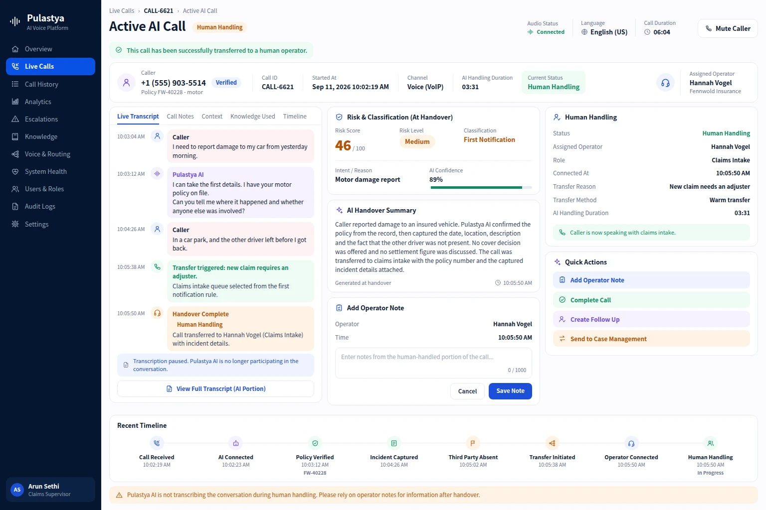Active AI Call Pulastya Active AI Call screen for an insurance first notification of loss, showing the verified policy, the captured incident details, the handover summary and the claims agent now handling the call.