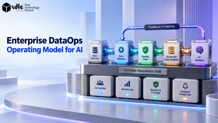 Enterprise DataOps operating model connecting governed data pipelines, quality controls, monitoring, ownership, and AI systems.