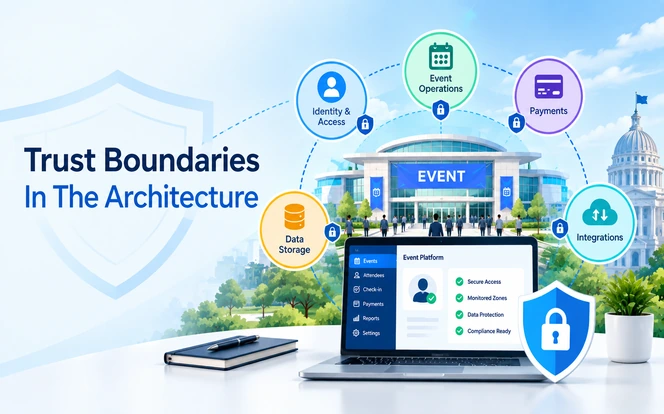 Event management platform architecture with identity, payments, storage and integrations separated into secure trust zones