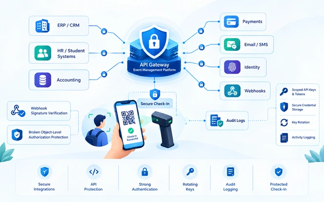 Secure event check-in with QR code scanning connected to ERP, CRM and payment systems for a university conference