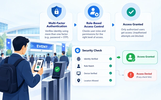 Secure event access flow using multi-factor authentication and role-based access control at a QR check-in gate