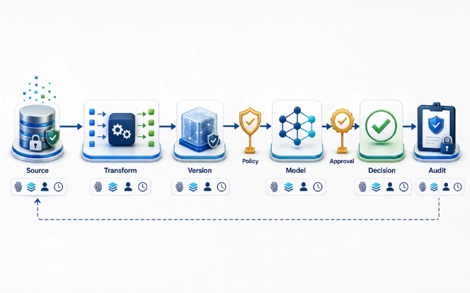 Metadata and lineage paths connecting enterprise source data to auditable AI decisions