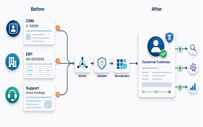 Unified ingestion, canonical data models and governed storage supporting enterprise AI
