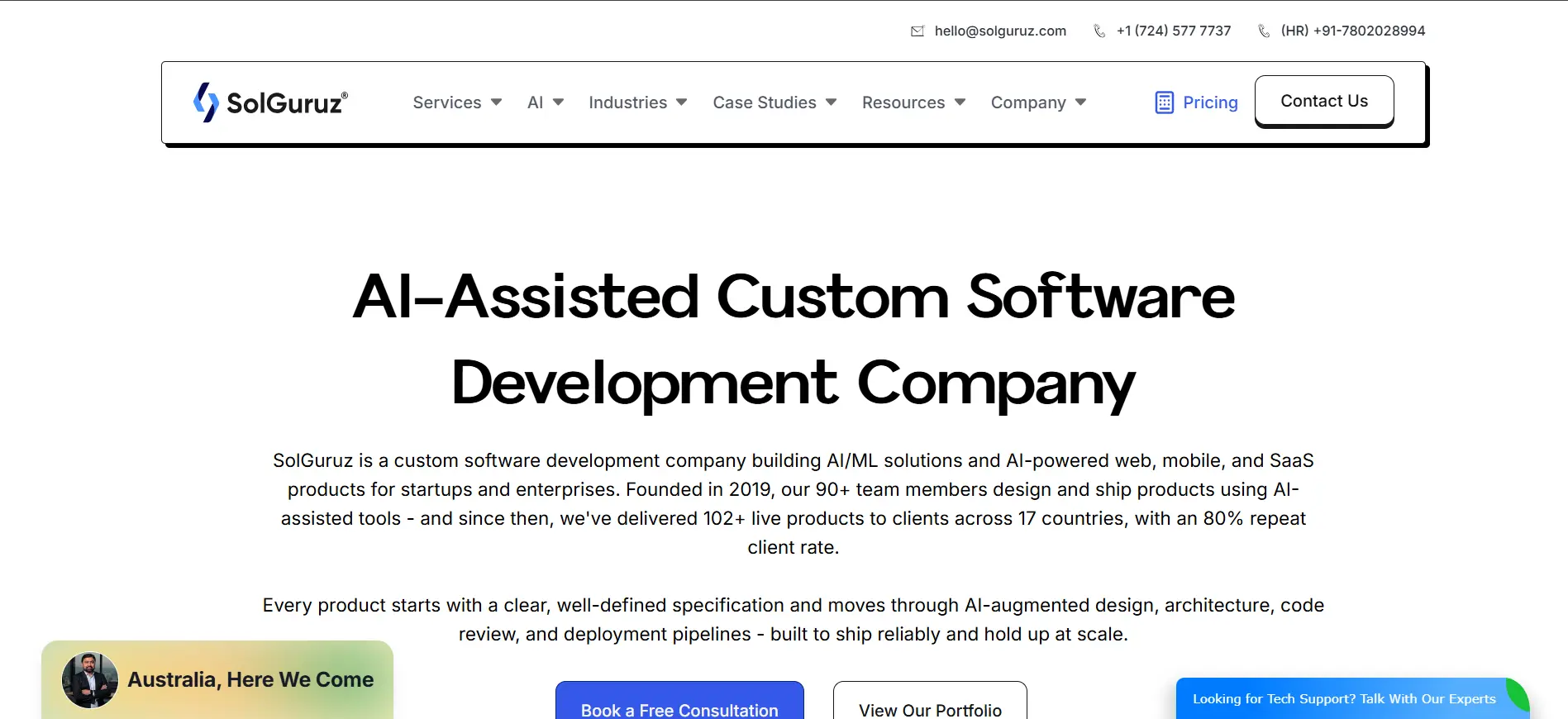 SolGuruz AI and custom software development homepage