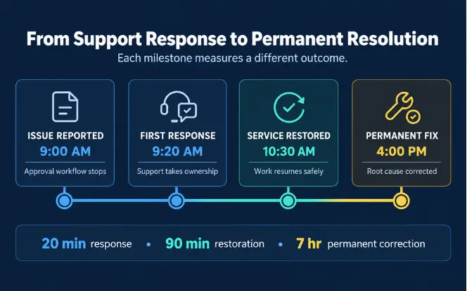 PMIS support timeline showing issue reporting, first response, service restoration, and permanent resolution