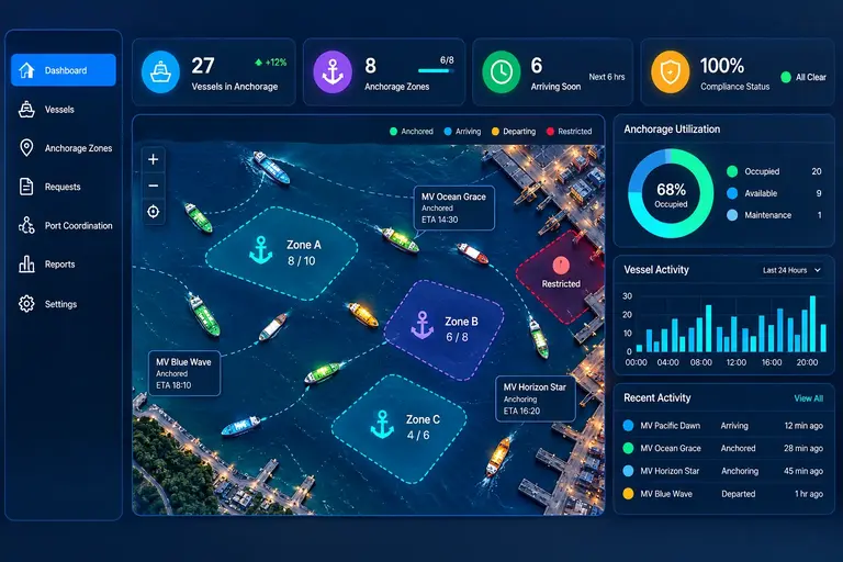 Anchorage Management System dashboard showing vessels in anchorage, anchorage zones, live vessel map, utilization and recent vessel activity