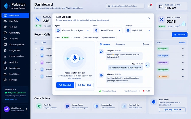 Pulastya voice AI test call dashboard for browser-based call testing, live transcript review and agent validation before launch.
