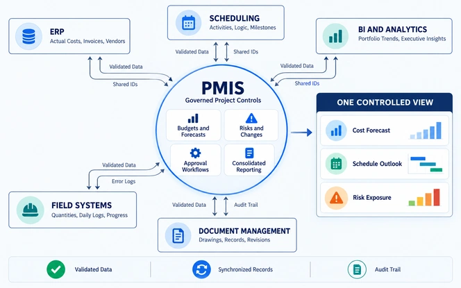 Integrated project controls workflow connecting PMIS, ERP, scheduling and field systems