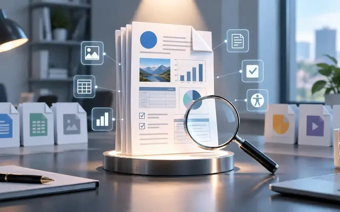 Five file types in a document accessibility remediation program, a PDF, a text document, a slide deck, a spreadsheet, and an ebook, each with a readable structure overlay.